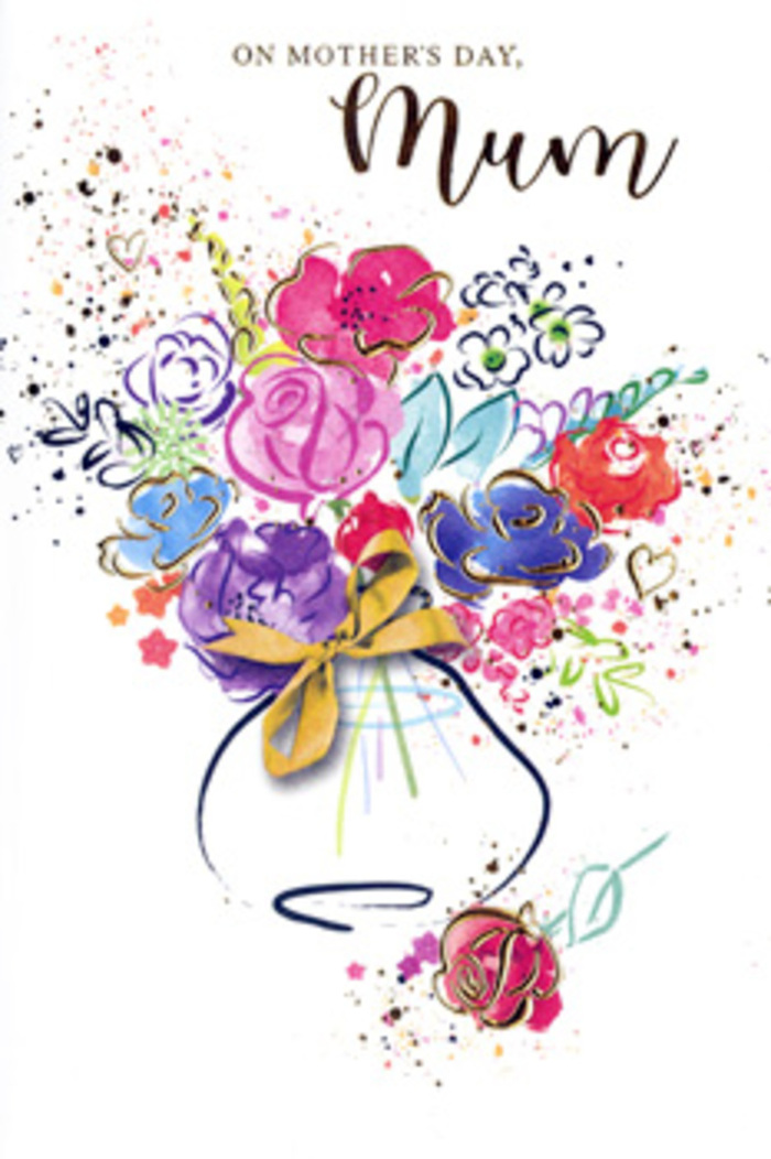 In this expressive Mother's Day card, the floral illustration unfurls like a heartfelt message painted in watercolour, as if a local Barnet florist had translated a bouquet onto paper. A loose, rounded arrangement rises from a small, stylised vase, whose curves are accented with slender lines of gold, recalling the glint of decorative ribbon on a hand-tied gift. The flowers themselves are suggested rather than rigidly defined, their petals outlined in deep indigo that contrasts beautifully with the glowing cerise and hot pink centres. Soft washes of apricot, pale lemon, and lavender drift among the bolder tones, creating the impression of mixed seasonal blooms gathered from gardens near Chipping Barnet and Monken Hadley. Fine golden accents skim along petal edges and leaf tips, as though catching a shaft of sun through a shop window on Barnet High Street. Around the bouquet, light splatters of paint and small heart shapes float on the white background, mirroring the spontaneous joy of children's drawings pinned to the fridge. The composition feels joyous but thoughtfully balanced: the colours are layered so that no single hue overwhelms, reflecting the harmony and reassurance that many feel in a mother's embrace. The vase anchors the lively brushwork above, giving a sense of stability and care, like a trusted florist's hand guiding each stem into place. This card captures the essence of a Mother's Day delivery in Barnet: a moment when colour, texture, and sentiment come together in one tender offering, speaking of gratitude, shared memories, and the quiet pride of saying thank you through flowers.