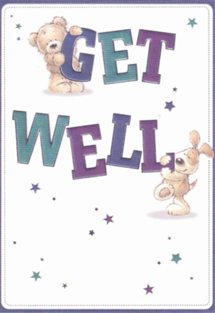 Radiating the nurturing spirit of the Barnet community, this vibrant get well card uses playful artistry to infuse hope and warmth into every brushstroke. Friendly illustrations of a softly furred bear and a perky puppy evoke the gentle encouragement of a bespoke bouquet delivered to loved ones near Monken Hadley or Underhill. Playful starbursts twinkle around them, as if casting good wishes out onto the quiet lanes near Barnet Hospital. The typography anchors the design in strength, its large, rounded letters shaded in purples and aquas-colours that quietly reassure, yet bring a subtle joy matched only by freshly picked blooms from a local market. There's a tangible quality to the softness: the fuzzy bear, the floppy-eared puppy, their textures crafted to bring to mind the comforting touch of a thoughtfully arranged basket from a local florist. Envision pairing this card with a fresh bouquet-together they send a current of encouragement, a shared hope for recovery, and a heartfelt gesture that uplifts the spirits, reflecting the generous, neighbourly energy of Barnet.