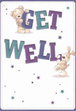 Perfect for brightening a recovery day in Barnet, this cheerful get well card shines with playful optimism and gentle comfort. Springing joyfully from the page, a cuddly teddy bear and a spirited puppy each interact with the oversized, colourful words 'Get Well,' embracing their roles as messengers of goodwill. The bold text, painted in inviting indigo and teal tones, pops against a soft cream background, much like a lively cluster of flowers showcased in a Barnet shop window near Wood Street. Scattered star bursts in blues and purples dance across the design, creating an air of lighthearted hope and whimsy. The tactile illustration-soft bear fur, velvety puppy ears-conveys the same comforting touch as a hand-delivered bouquet from Florists Barnet, thoughtfully arranged to soothe and uplift. This charming card, alive with sympathy and sincere encouragement, serves as both a visual and emotional embrace, bringing a wave of heartfelt support to those resting and recovering across the Barnet area.
